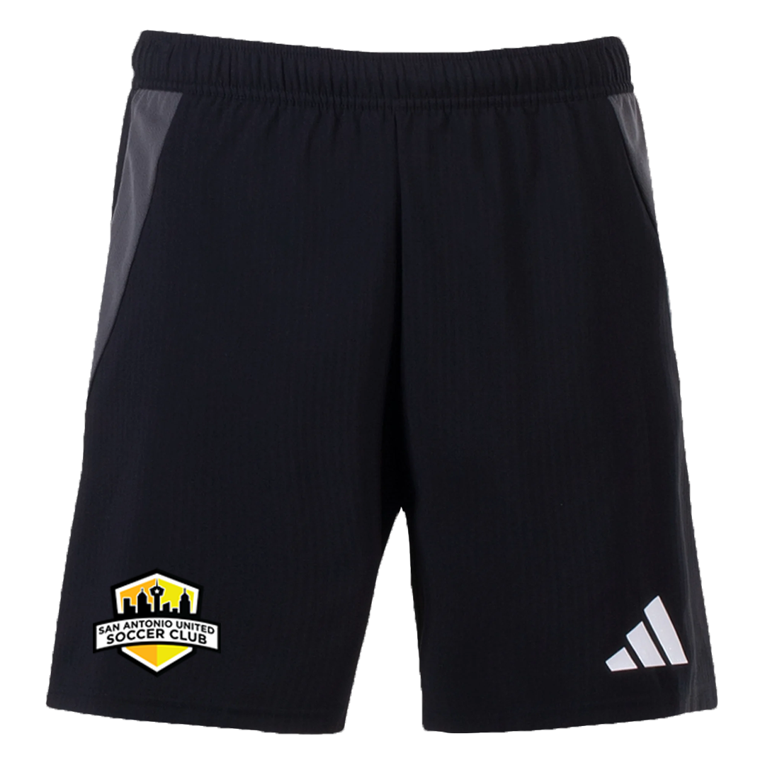 Black shorts with San Antonio United Soccer Club logo and Adidas logo on a white background