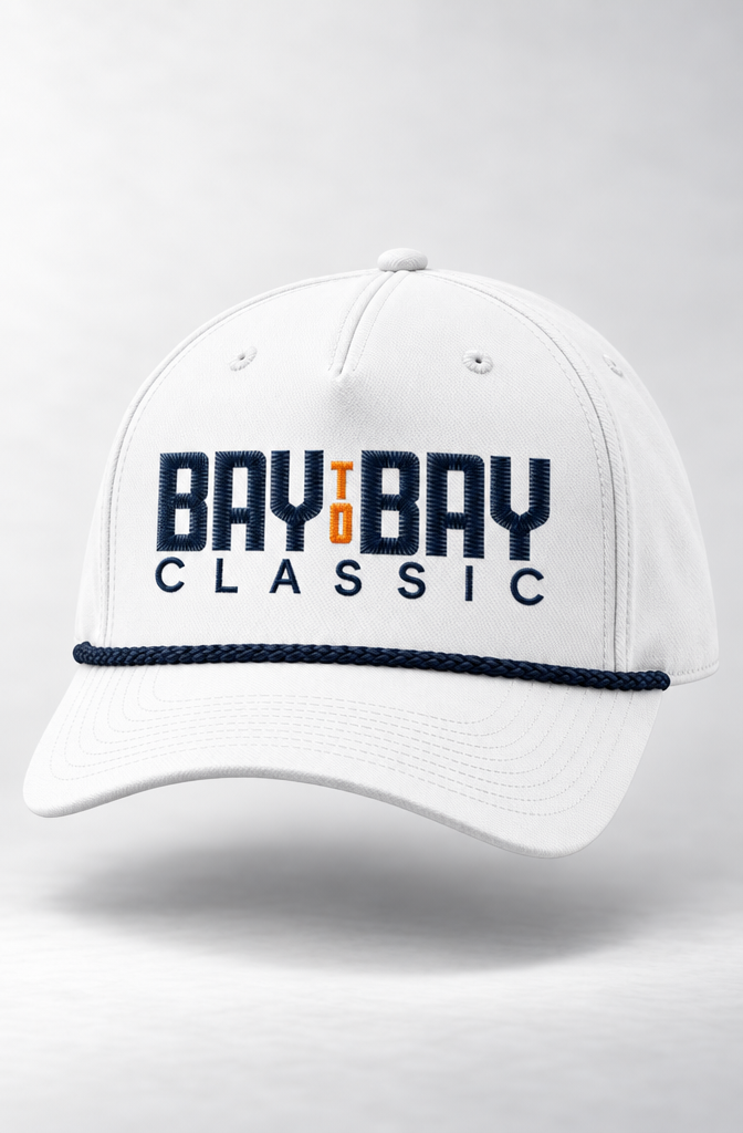 Bay to Bay Classic white five-panel rope cap with navy trim, front view
