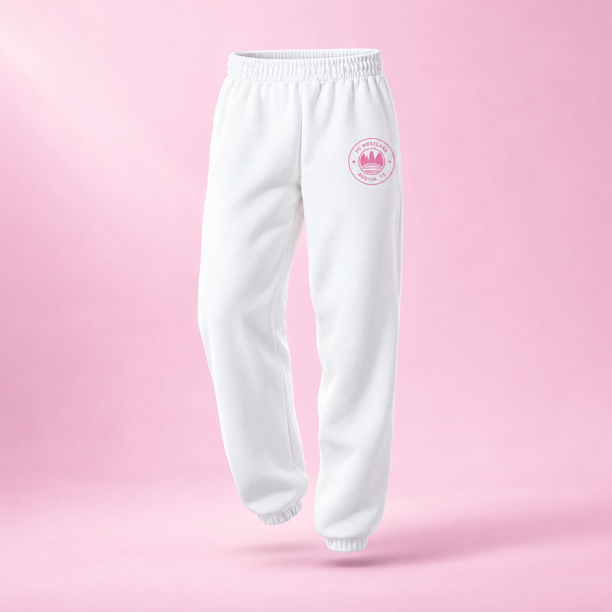 FC Westlake youth white crest sweatpants, front view