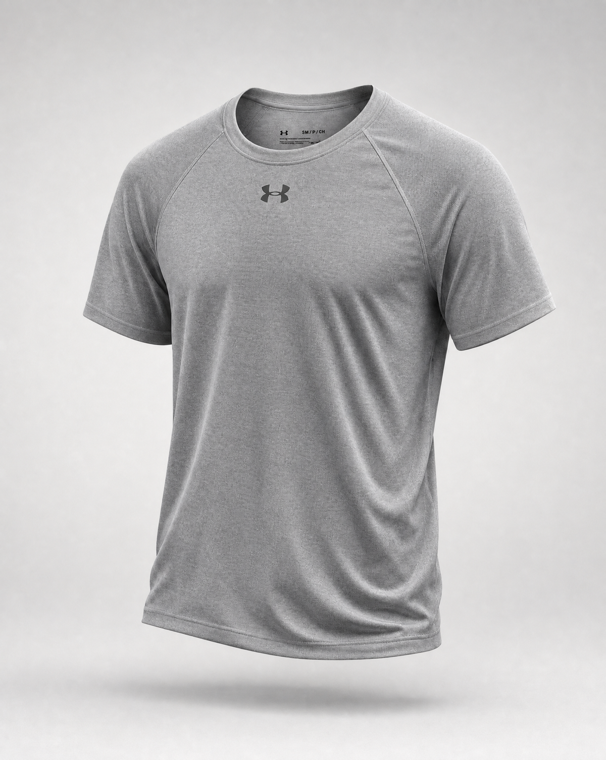 UA Men's heather gray short-sleeve Locker Tee on a ghost mannequin, front view