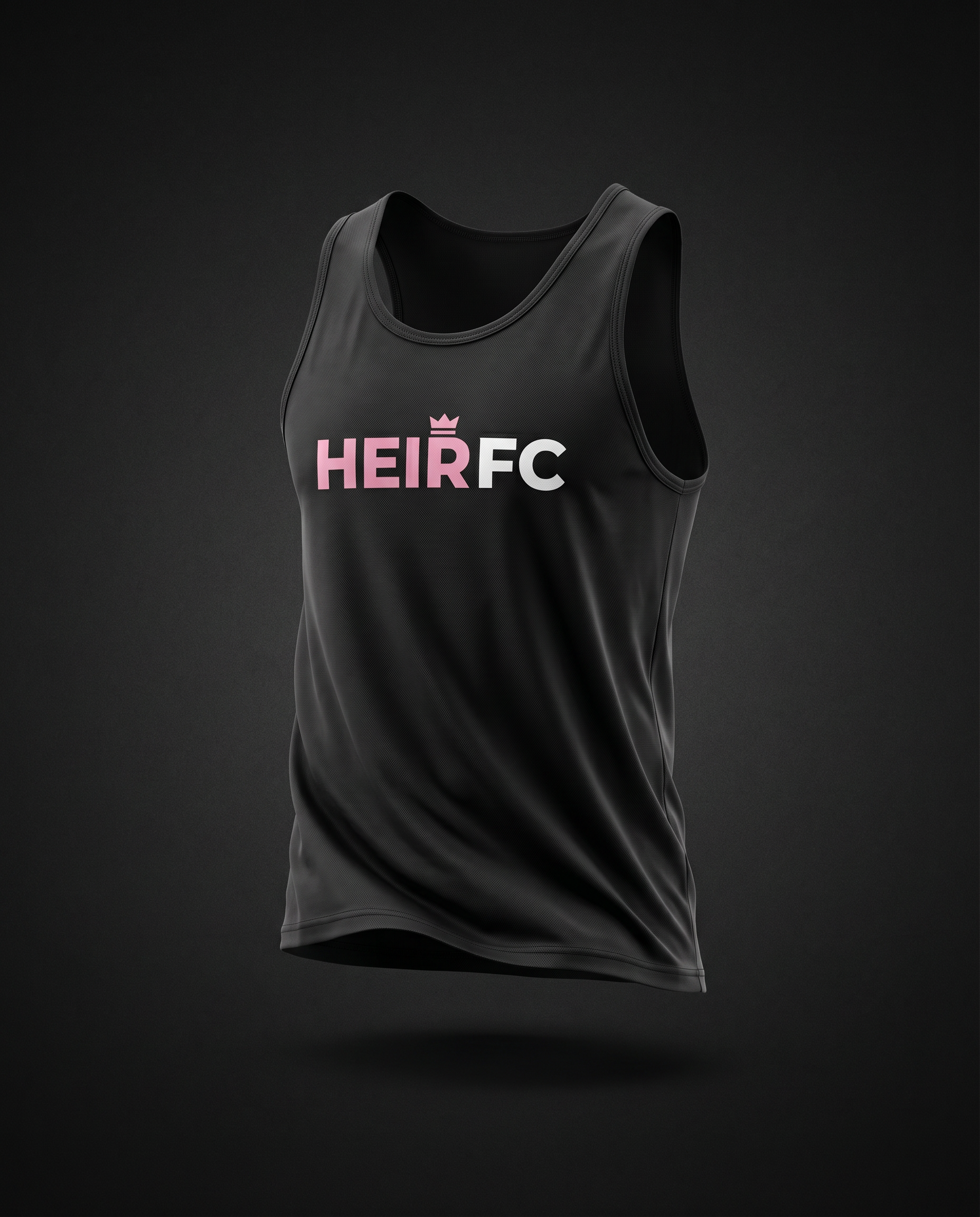 Black tank top with 'HEIRFC' logo on a dark background