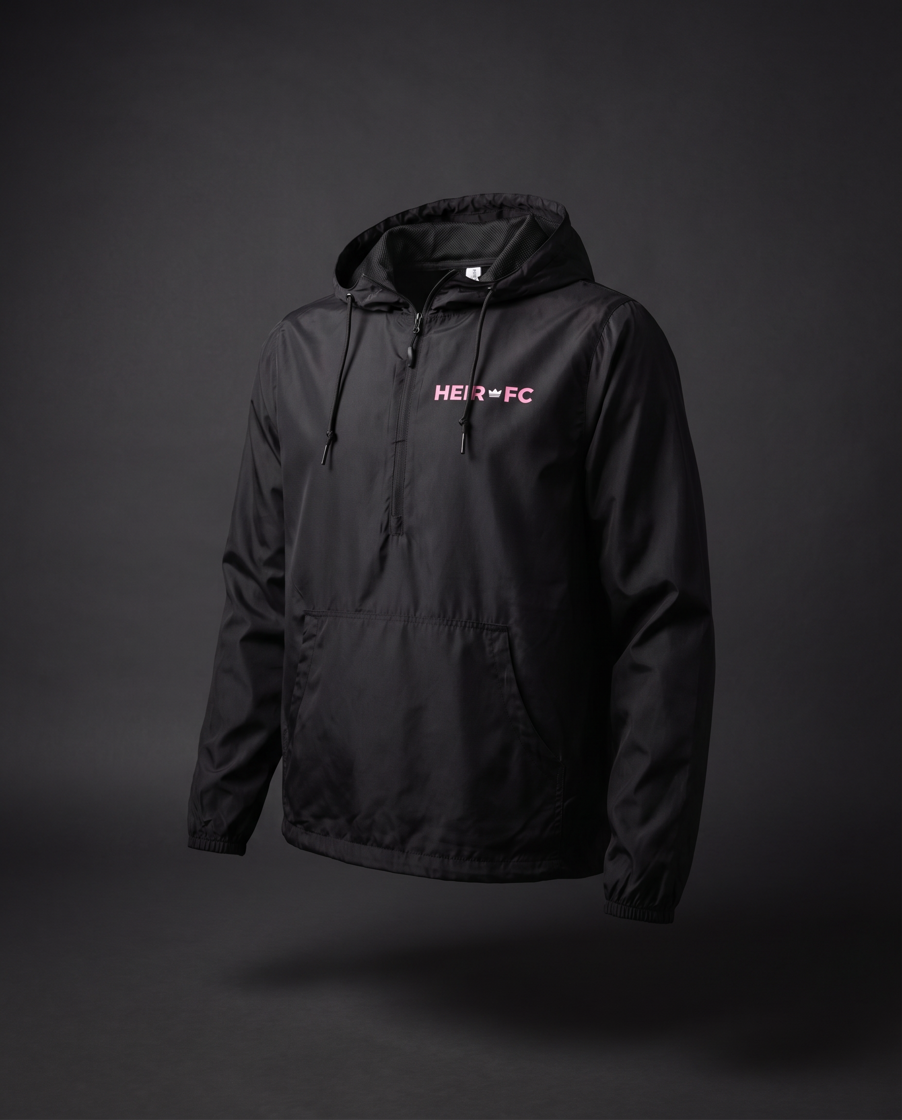 Black jacket with a brand logo on a dark gray background