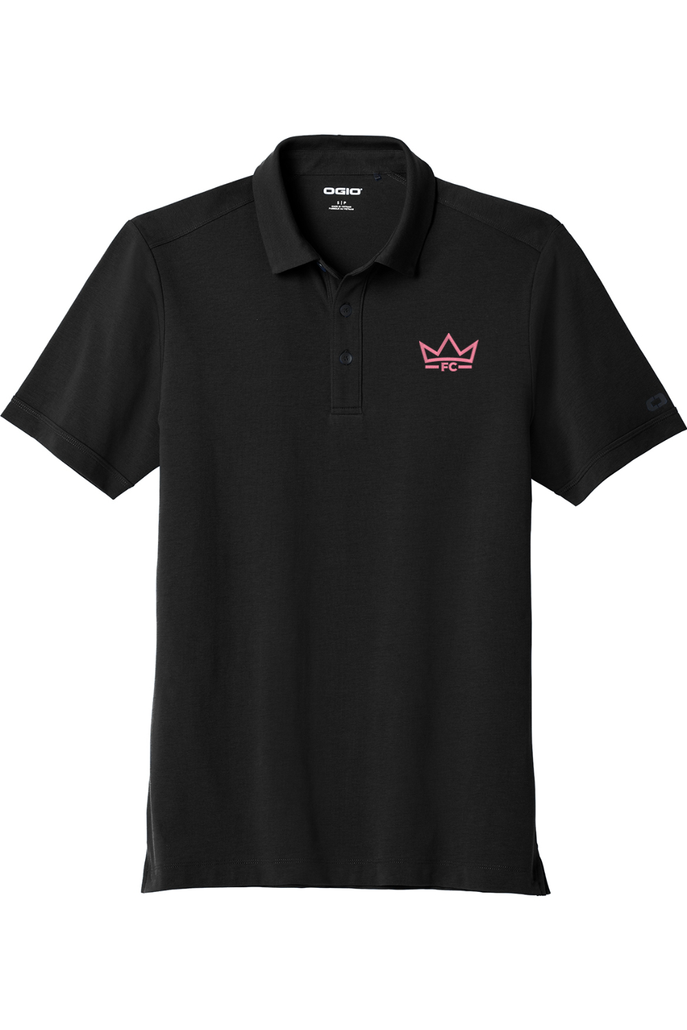 Black polo shirt with a pink logo on a white background
