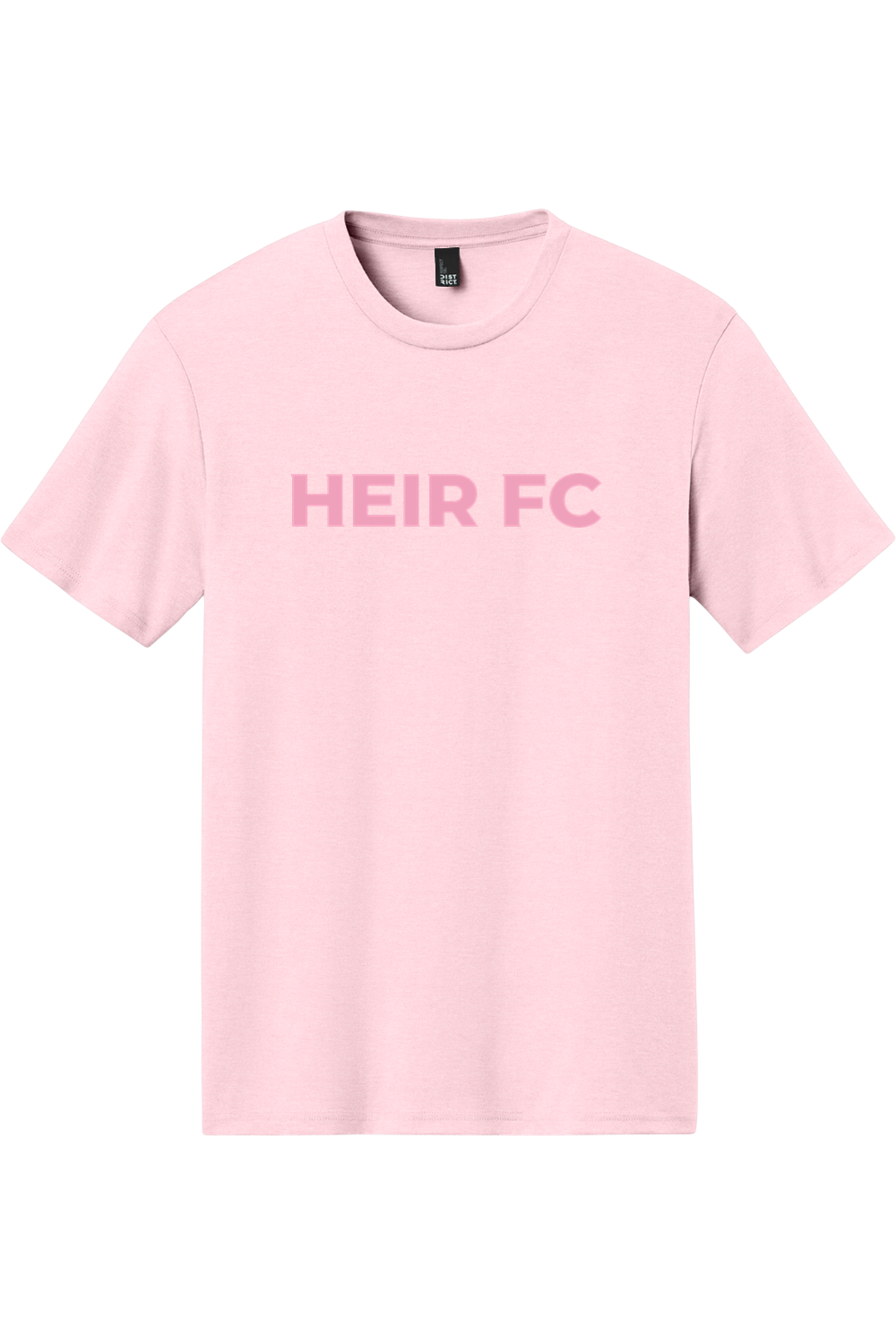 Pink t-shirt with 'HEIR FC' text on a white background