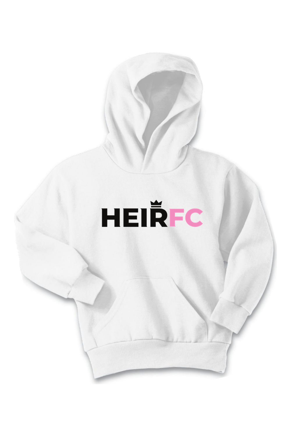 White hoodie with 'HEIRFC' text on a white background