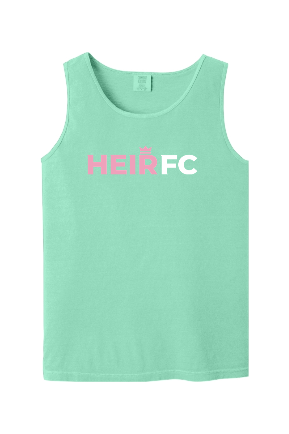 Mint green tank top with 'HEIR FC' text on a white background