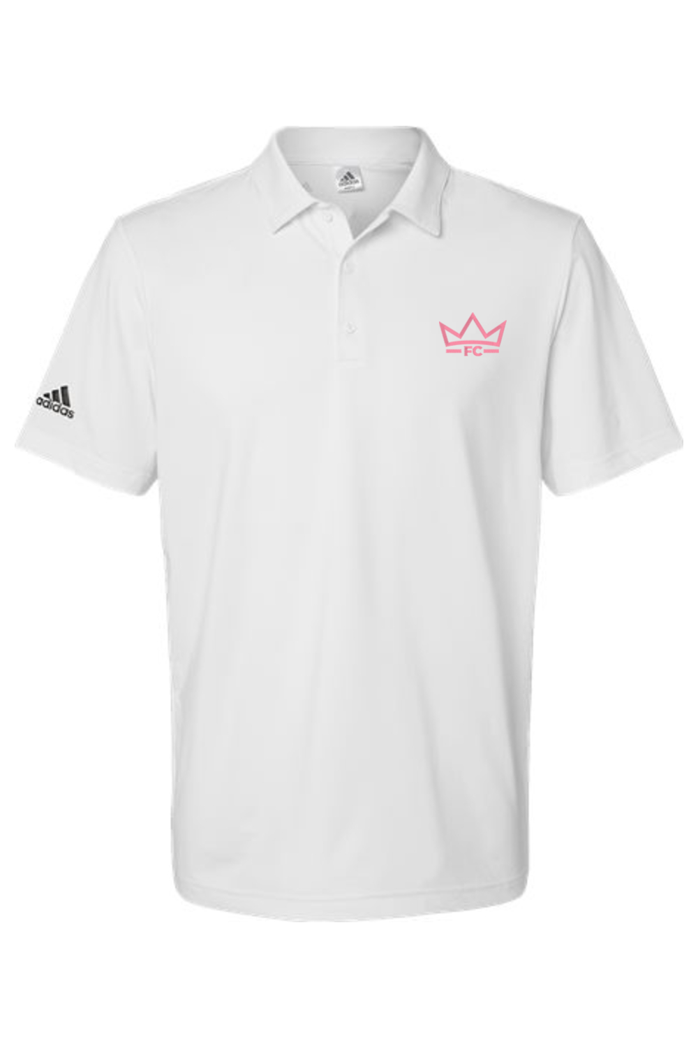 White polo shirt with a pink logo on a white background