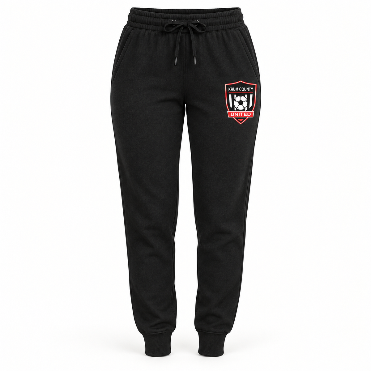Black women's cuffed joggers with the red, black, and white Krum County United crest on the left thigh.