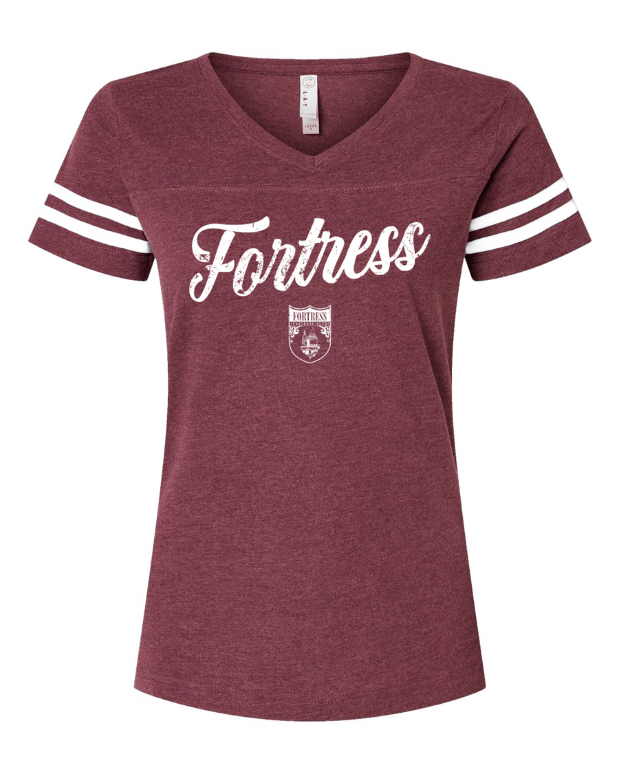 Maroon t-shirt with 'Fortress' text and logo on a white background