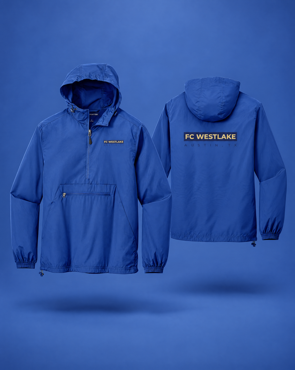 FC Westlake royal blue packable anorak, front and back views