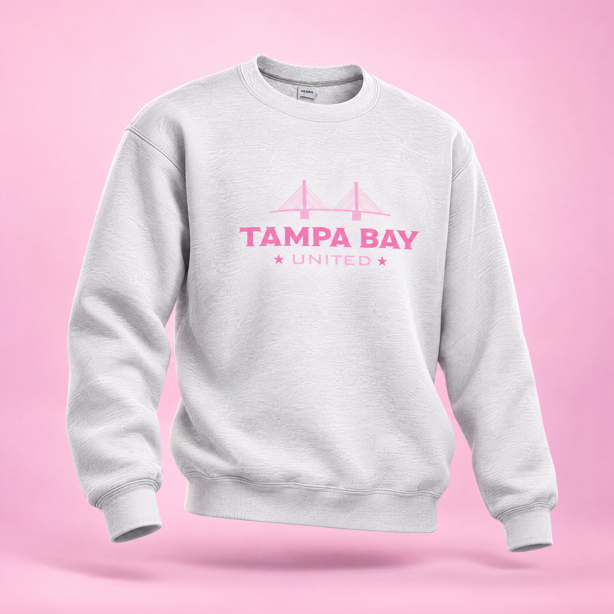 Tampa Bay United adult white bridge crewneck sweatshirt, front view