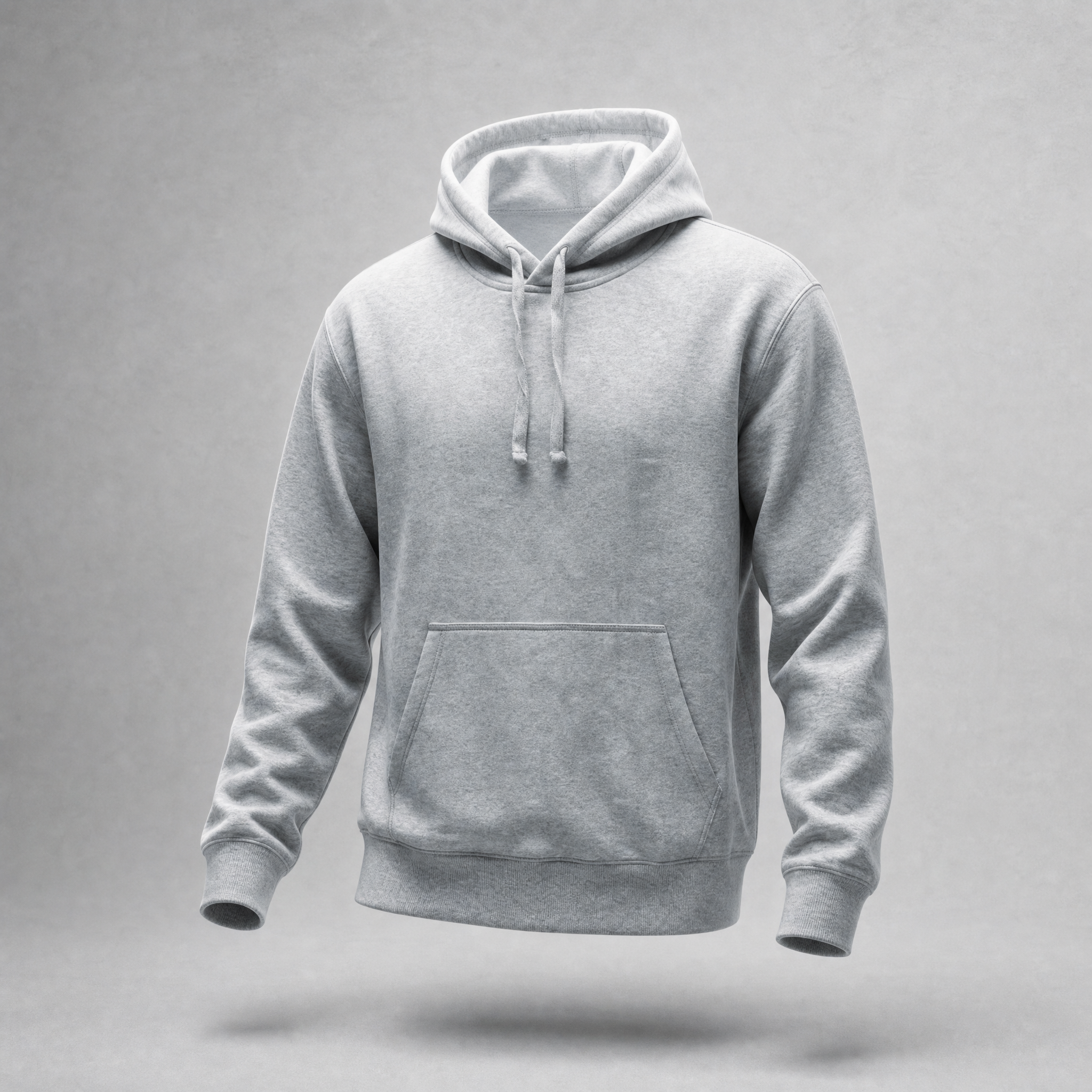 A light gray heather pullover hoodie with a drawstring hood and front kangaroo pocket, shown floating against a neutral gray studio background.