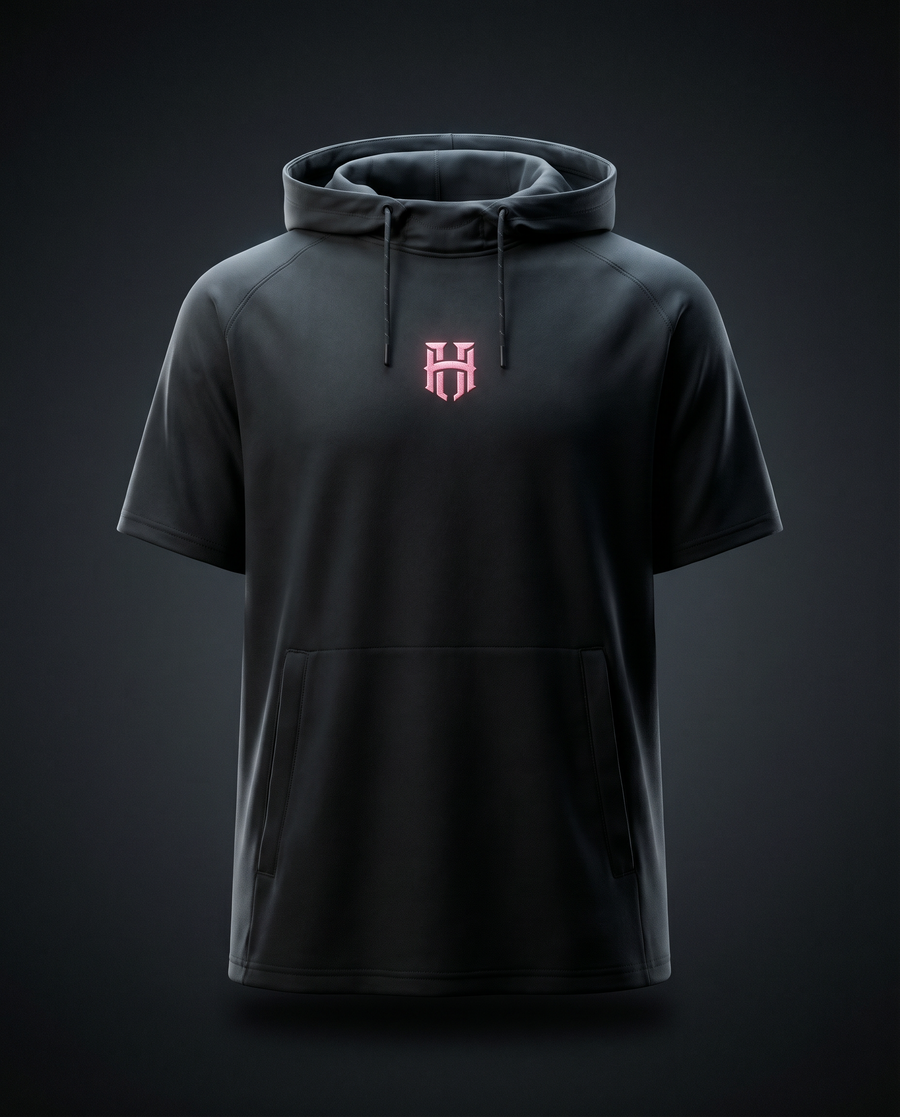 Black hoodie with a logo on a dark background