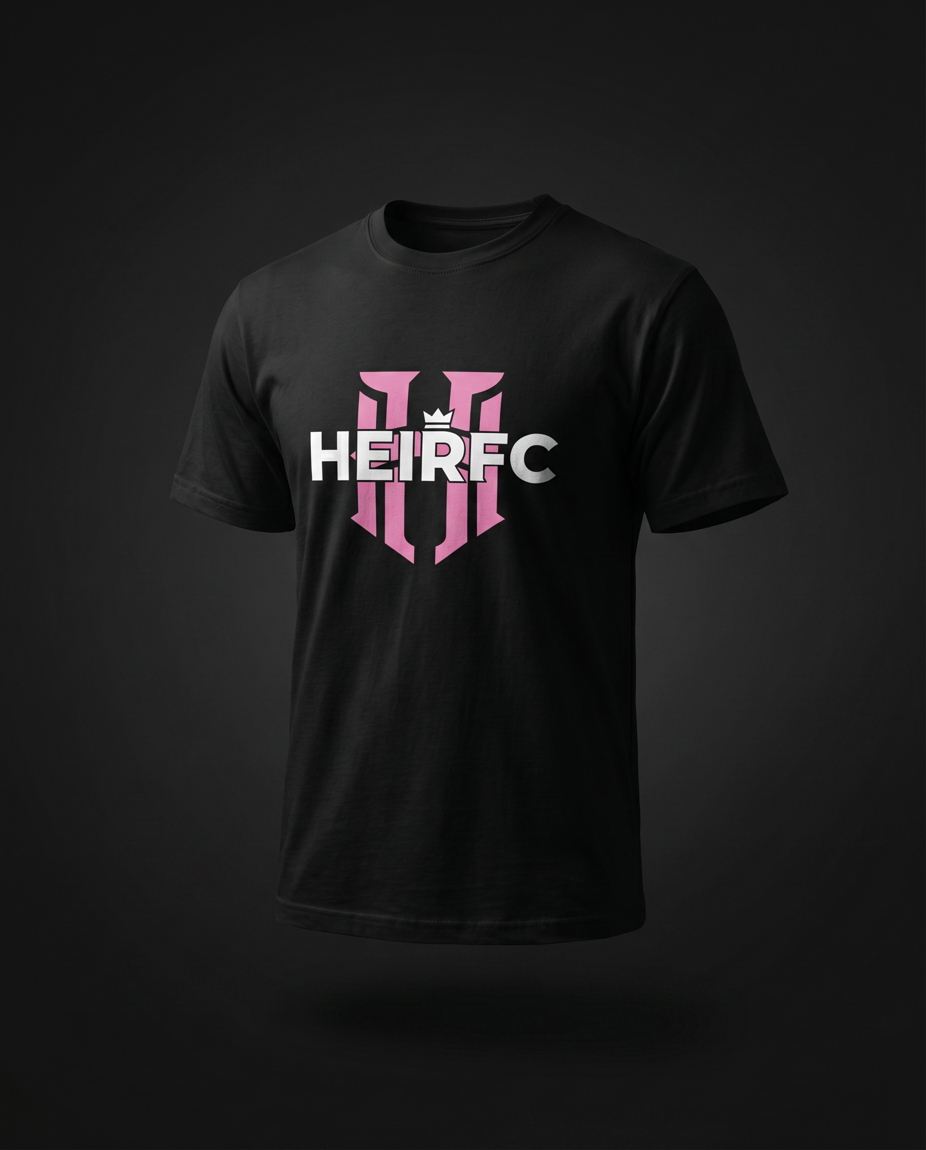 Black t-shirt with 'HEIRFC' logo on a dark background
