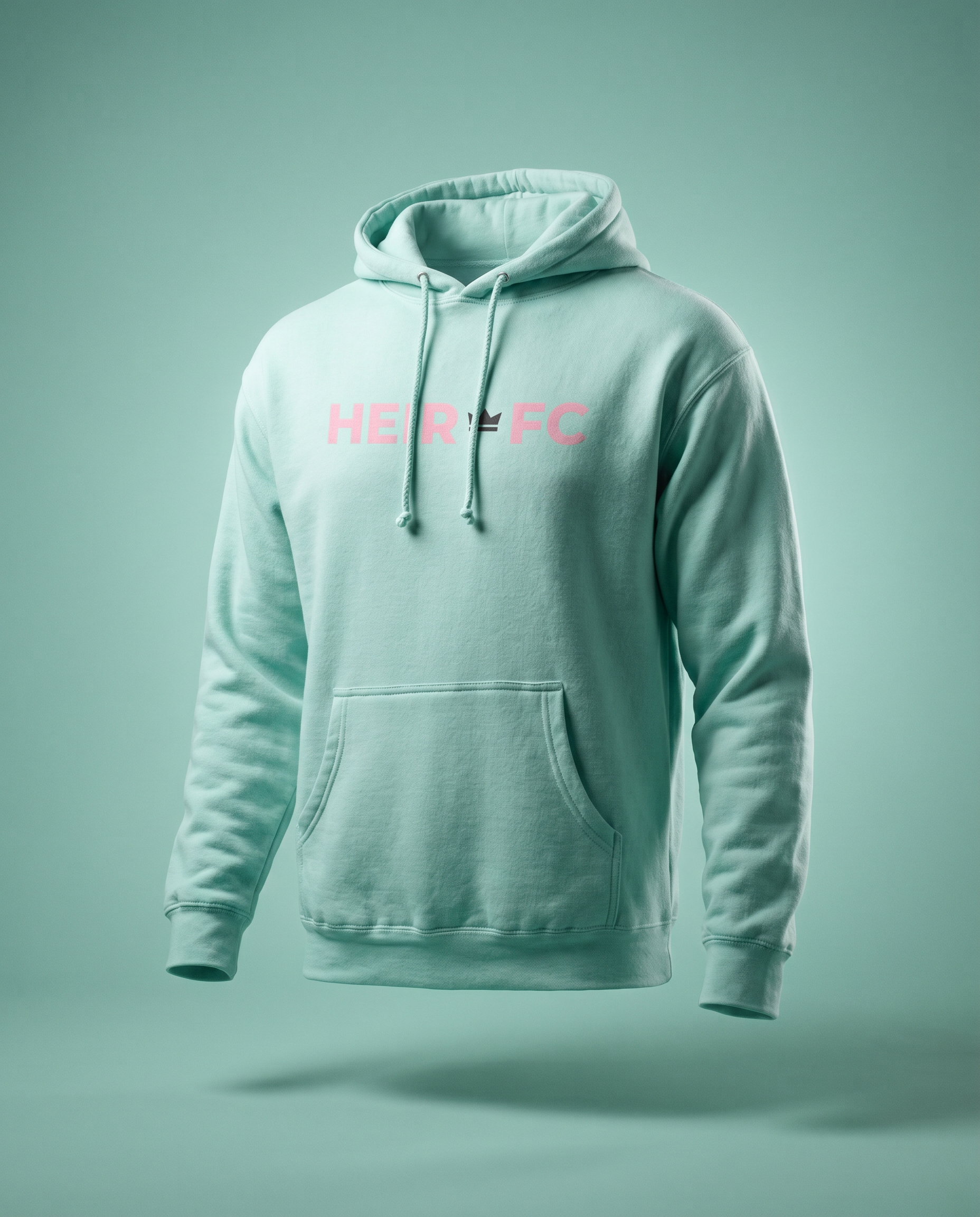 Light blue hoodie with 'HER FC' text on a light green background