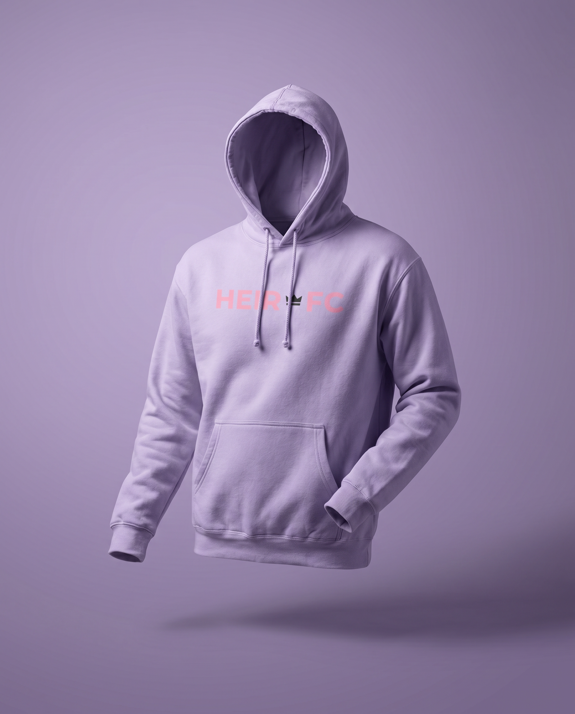 Light gray hoodie with 'HEIR FC' logo on a purple background