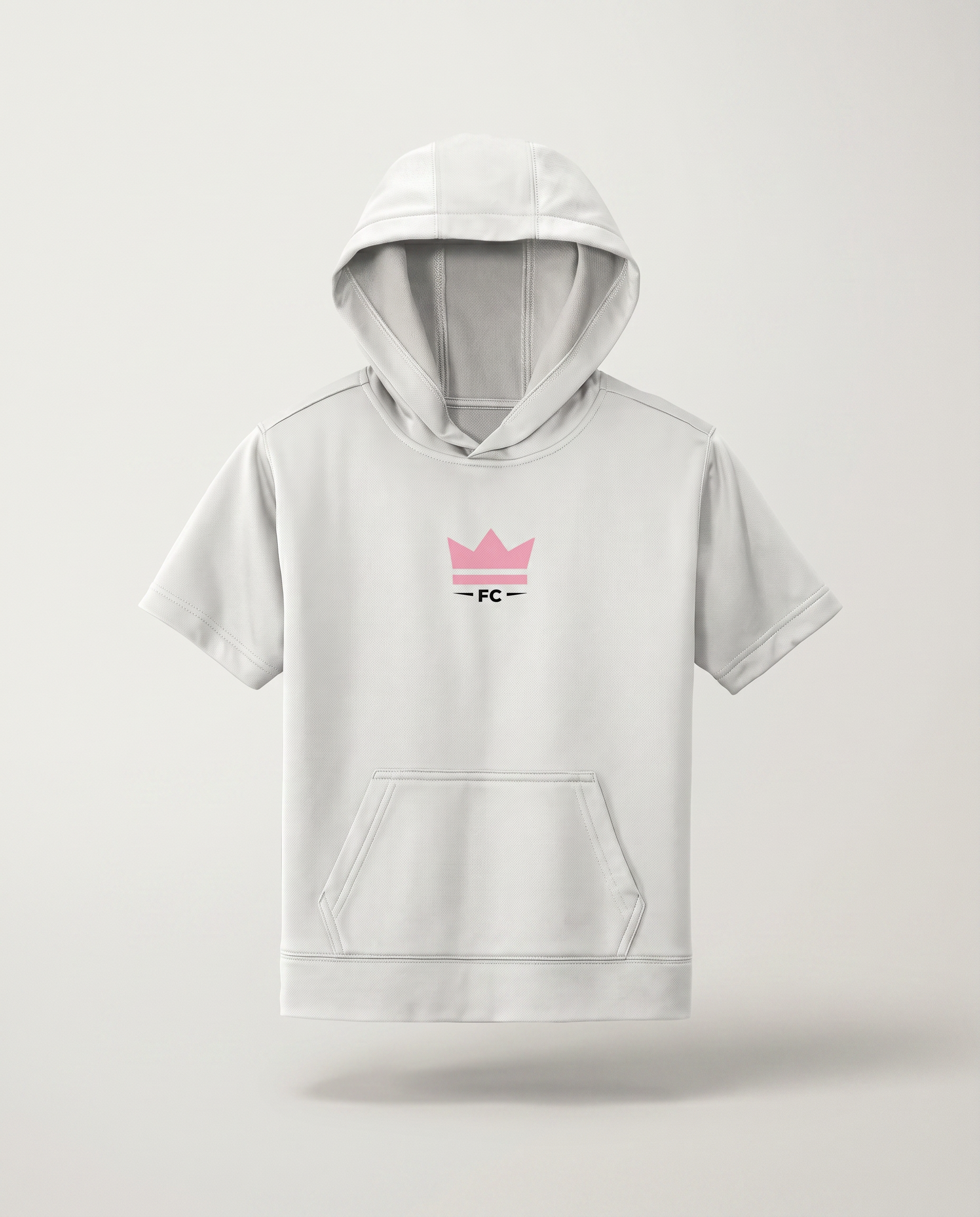 Light gray hoodie with a pink and black logo on a white background