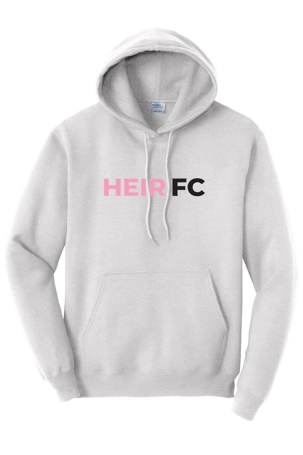 Gray hoodie with 'HEIR FC' text on a white background