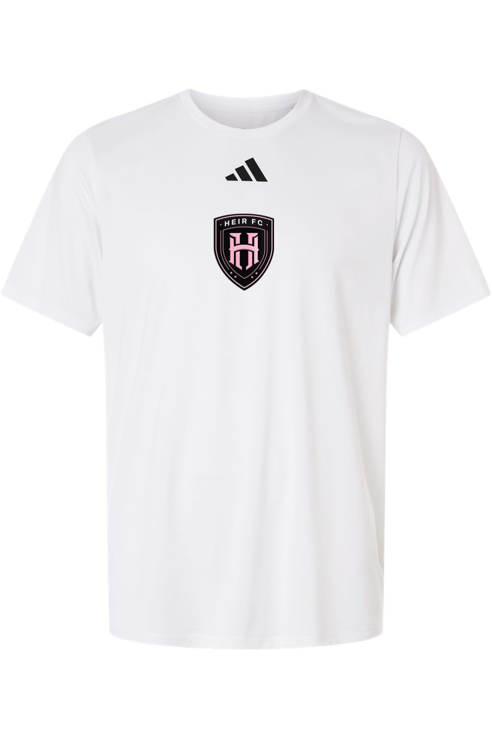 White t-shirt with a logo on the chest against a white background