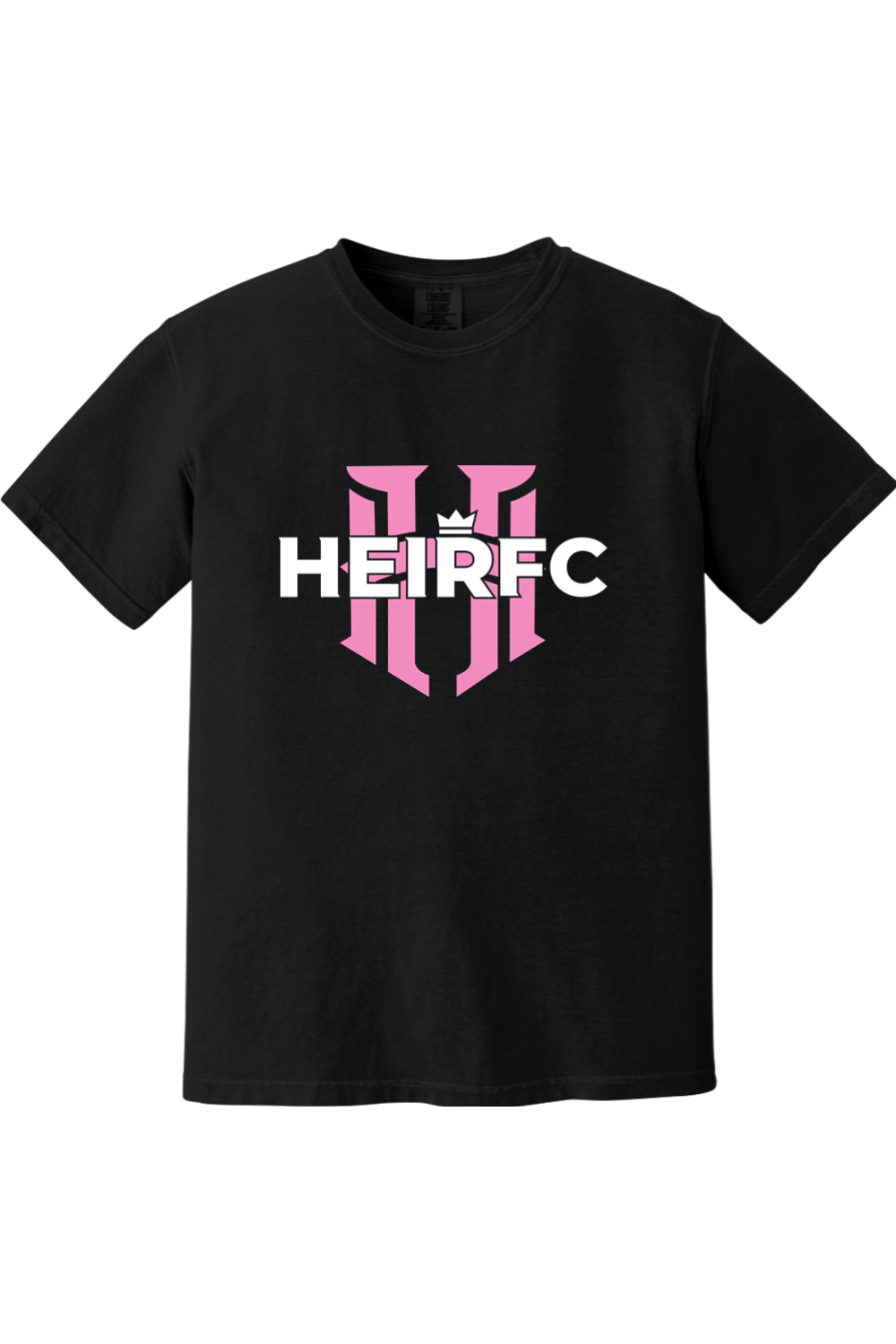 Black t-shirt with pink and white logo on a white background