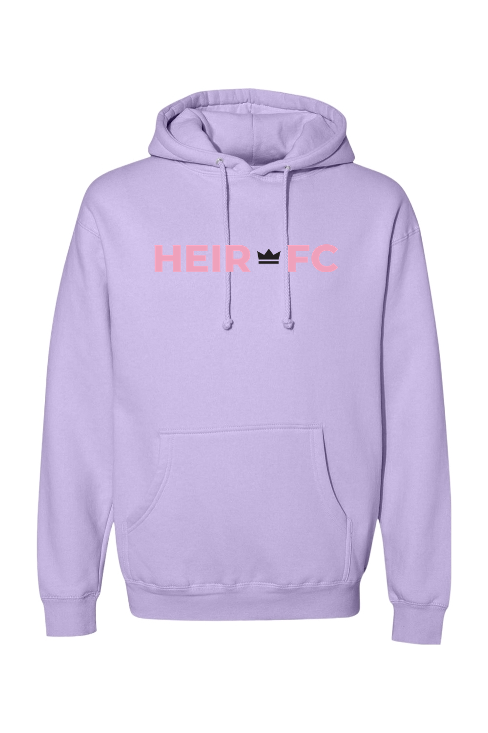 Lavender hoodie with 'HEIR FC' text on a white background