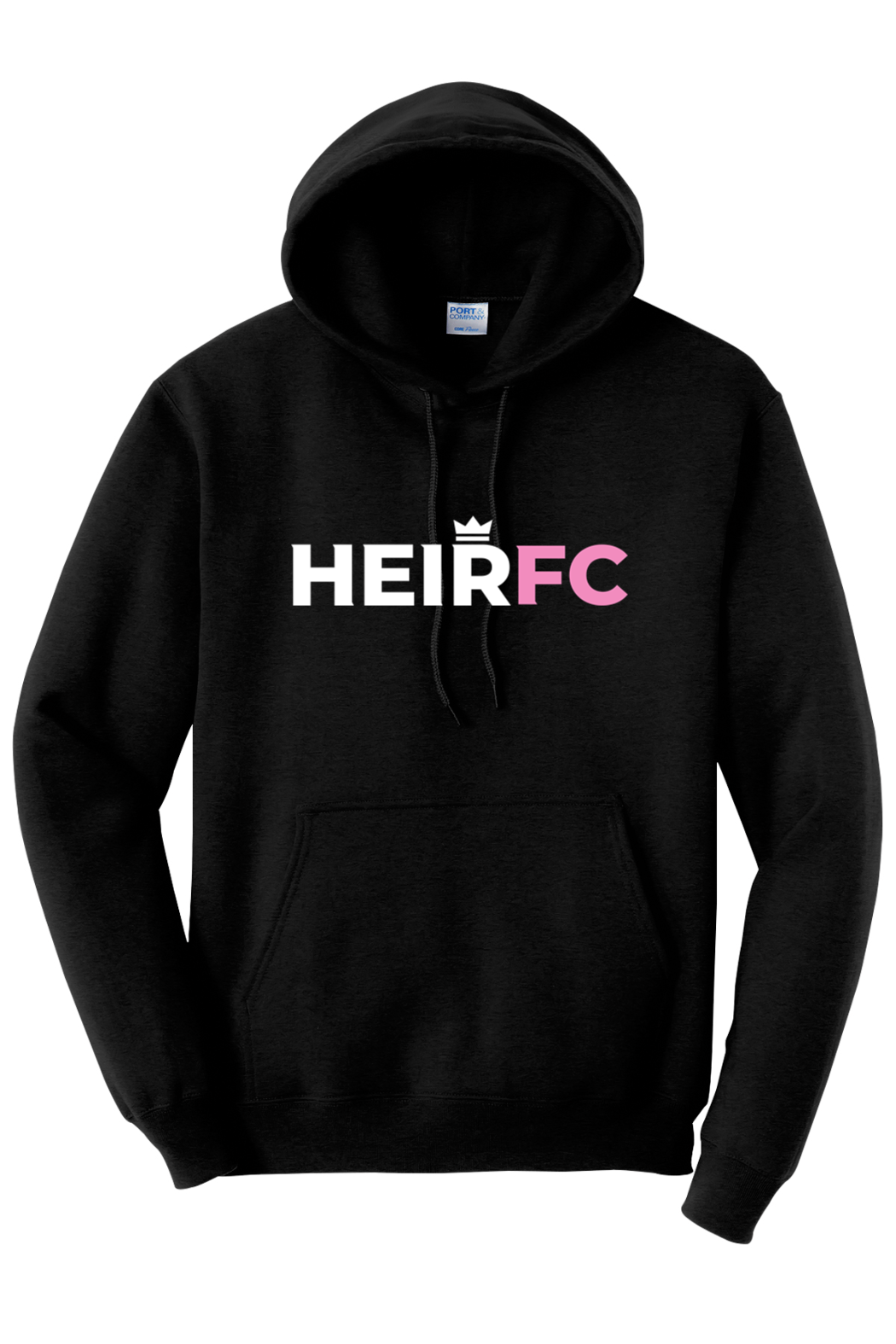 Black hoodie with 'HEIRFC' text on a white background