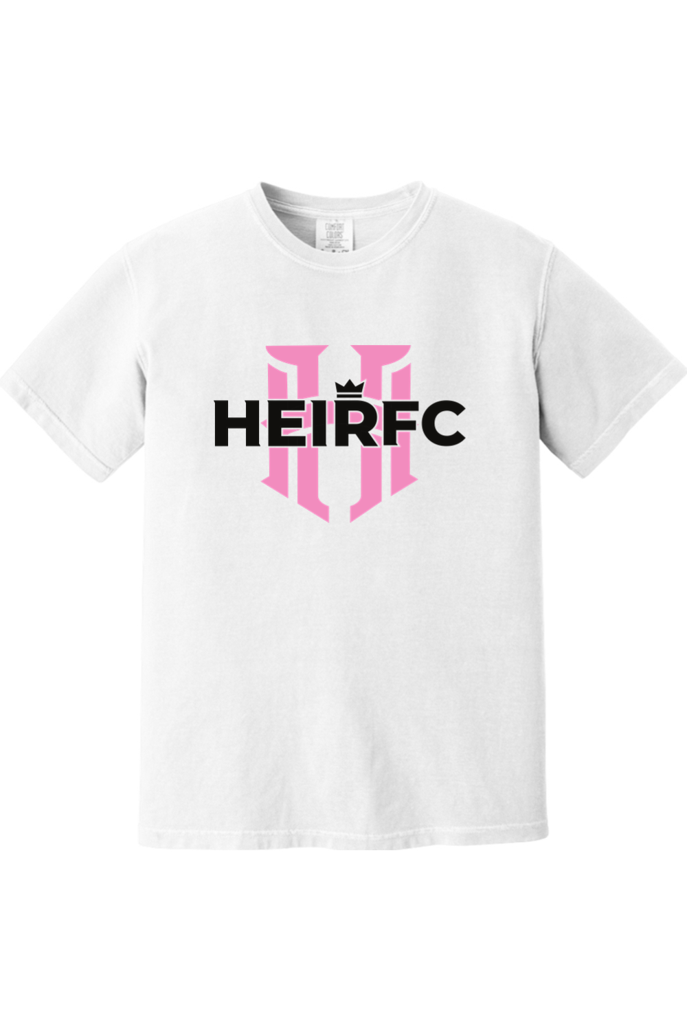 White t-shirt with 'HEIRFC' logo on a white background