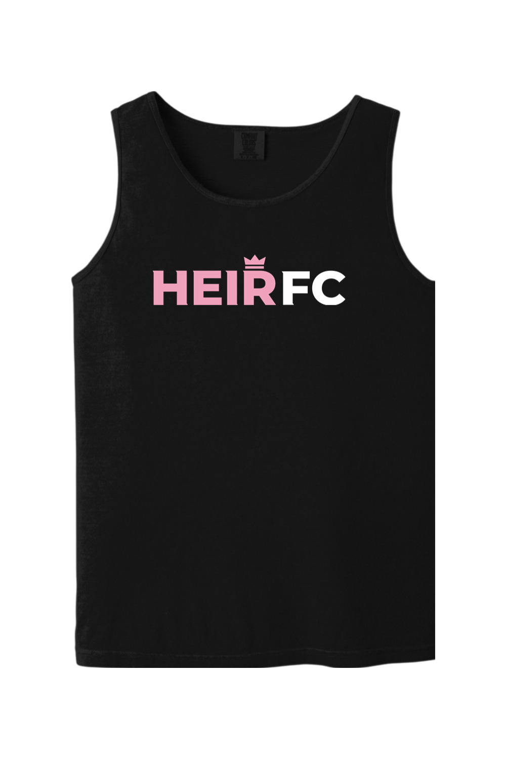 Black tank top with 'HEIRFC' printed on a white background