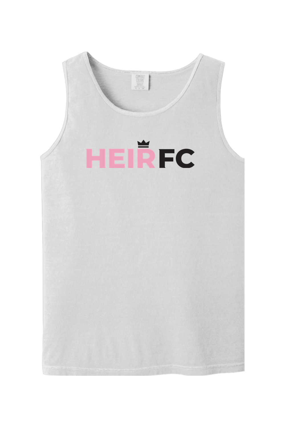 White tank top with 'HEIR FC' text on a white background