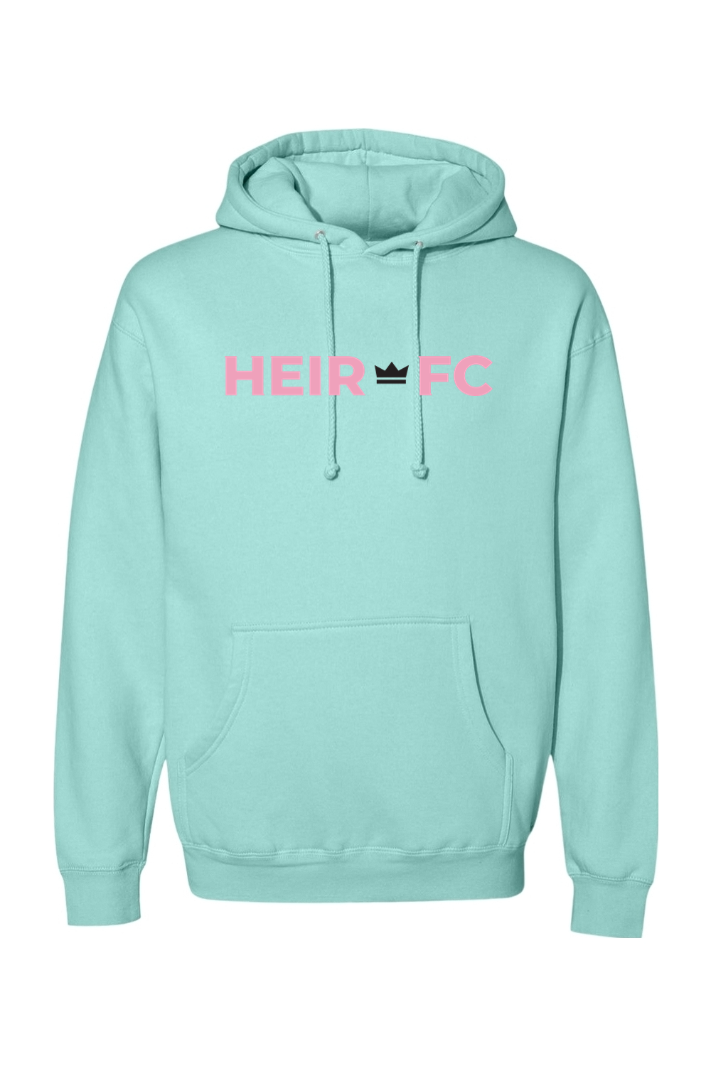 Mint green hoodie with pink text 'HEIR FC' on a white background