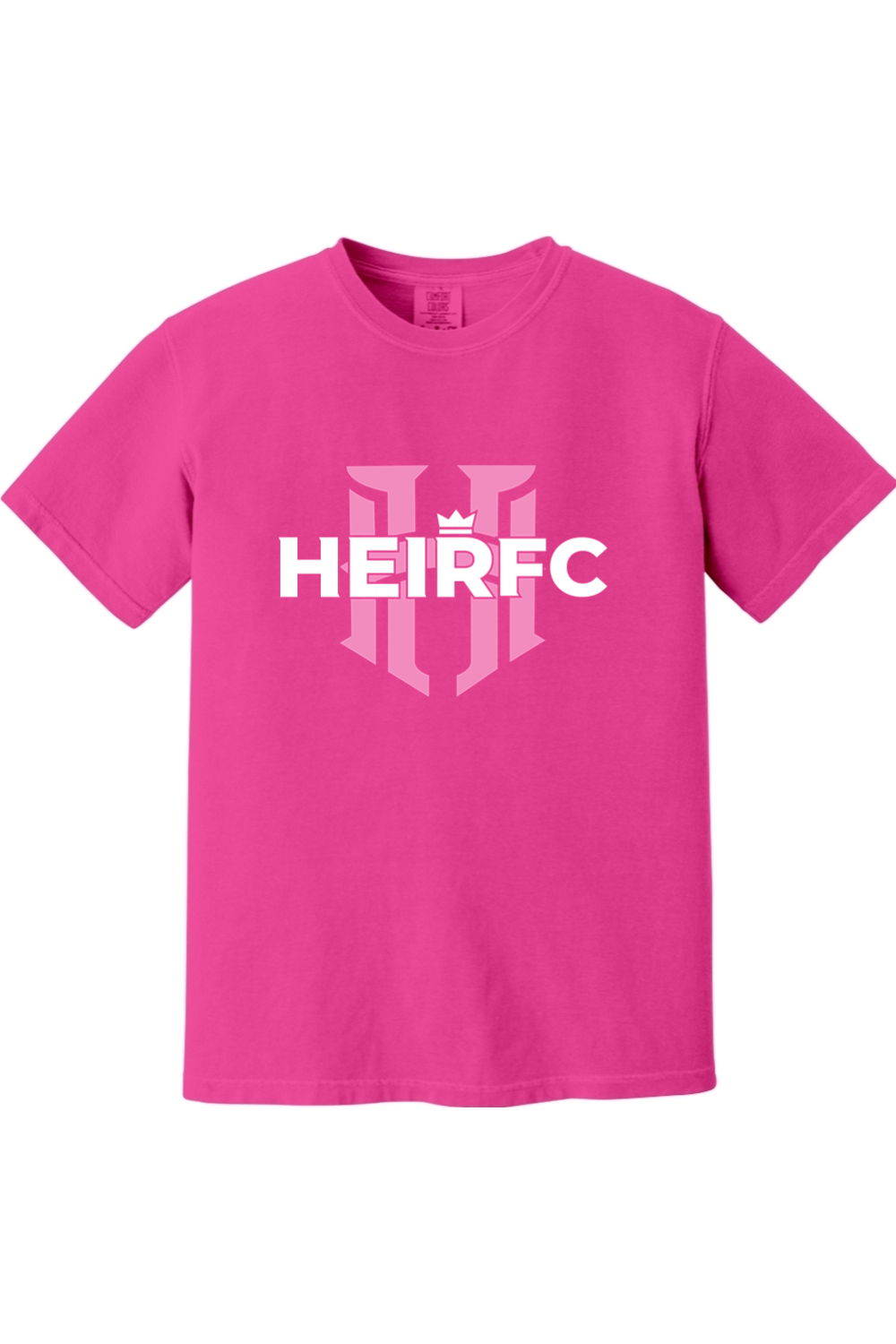 Pink t-shirt with 'HEIRFC' logo on a white background