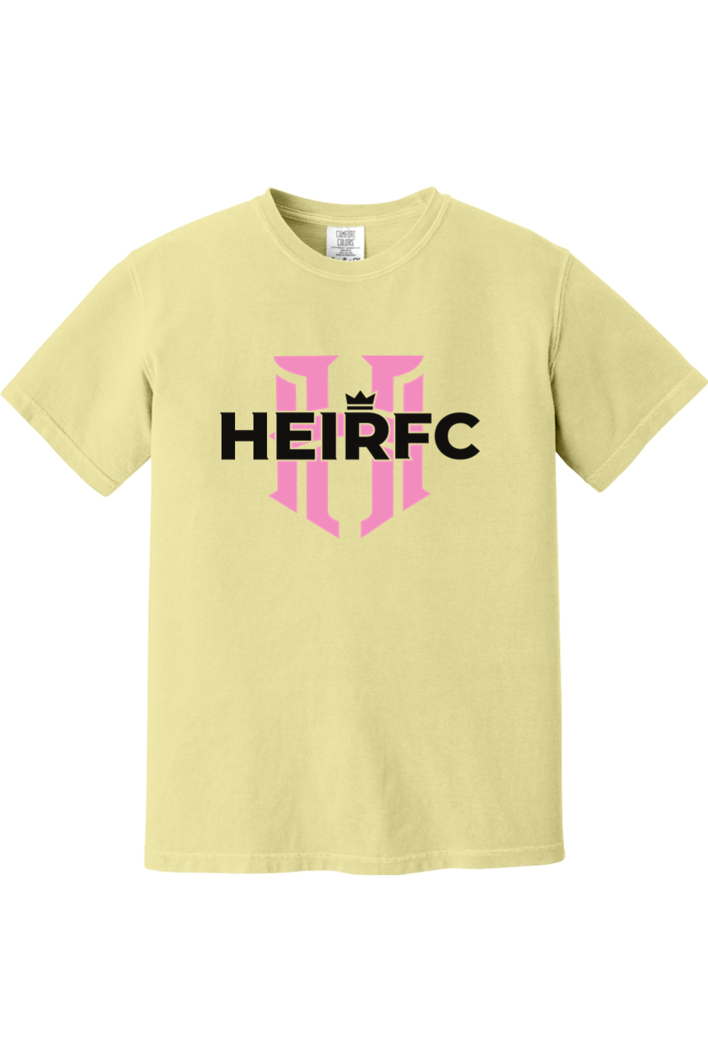 Yellow t-shirt with 'HEIRFC' logo on a white background