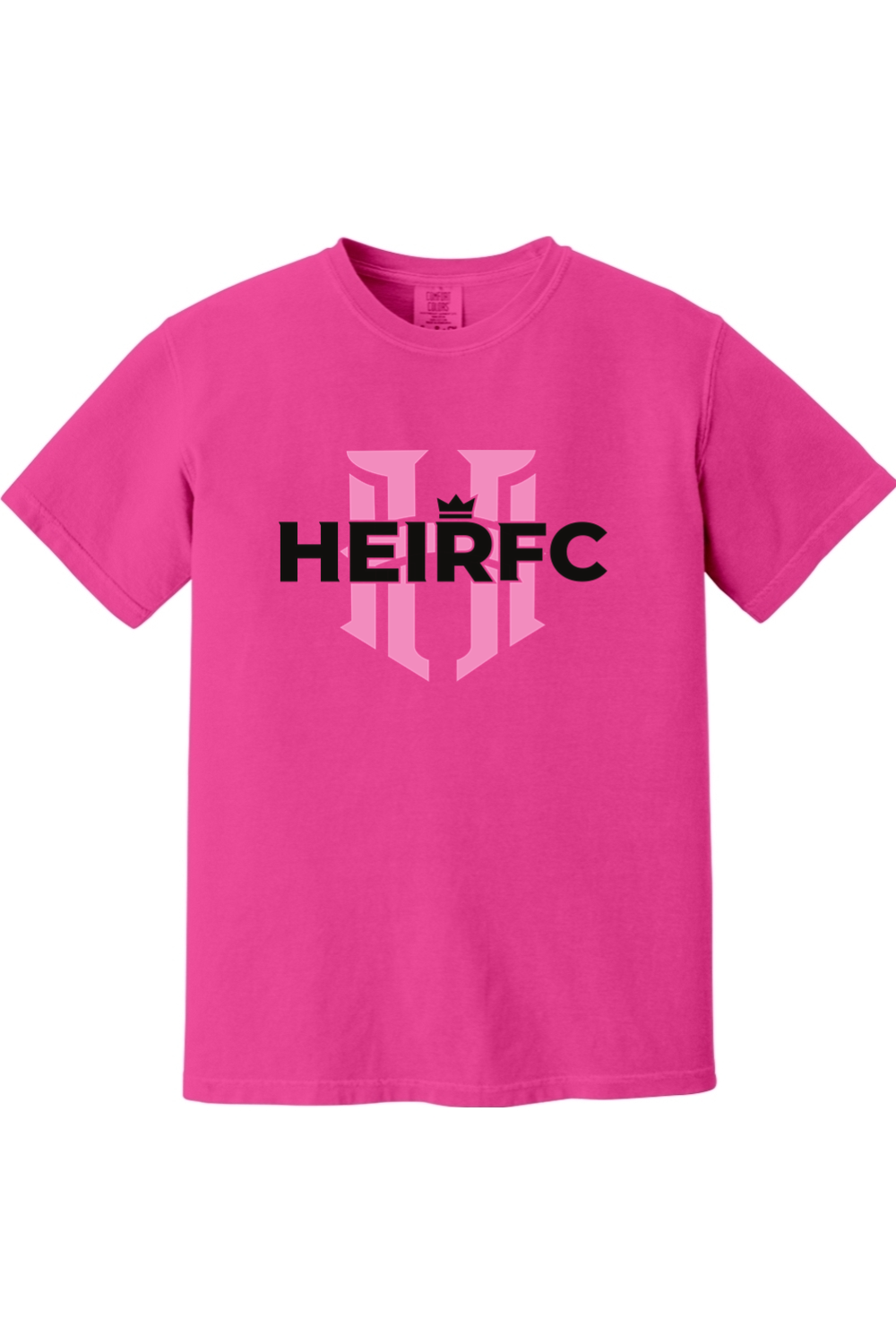 Pink t-shirt with 'HEIRFC' logo on a white background