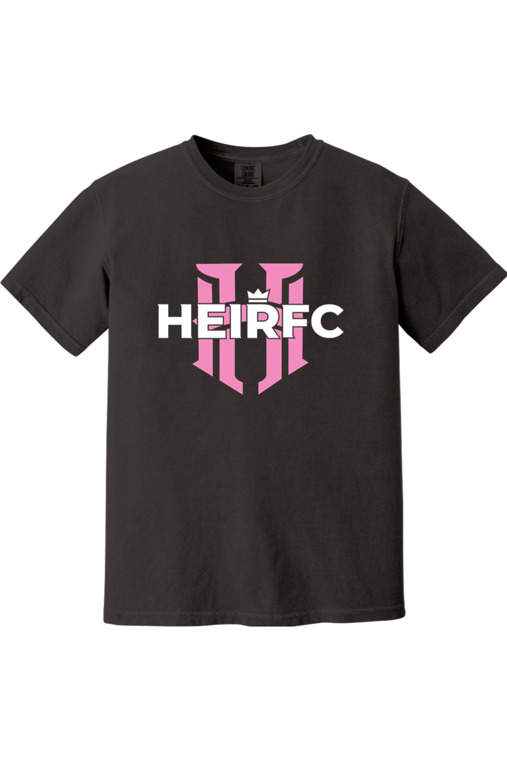 Black t-shirt with pink and white logo on a white background