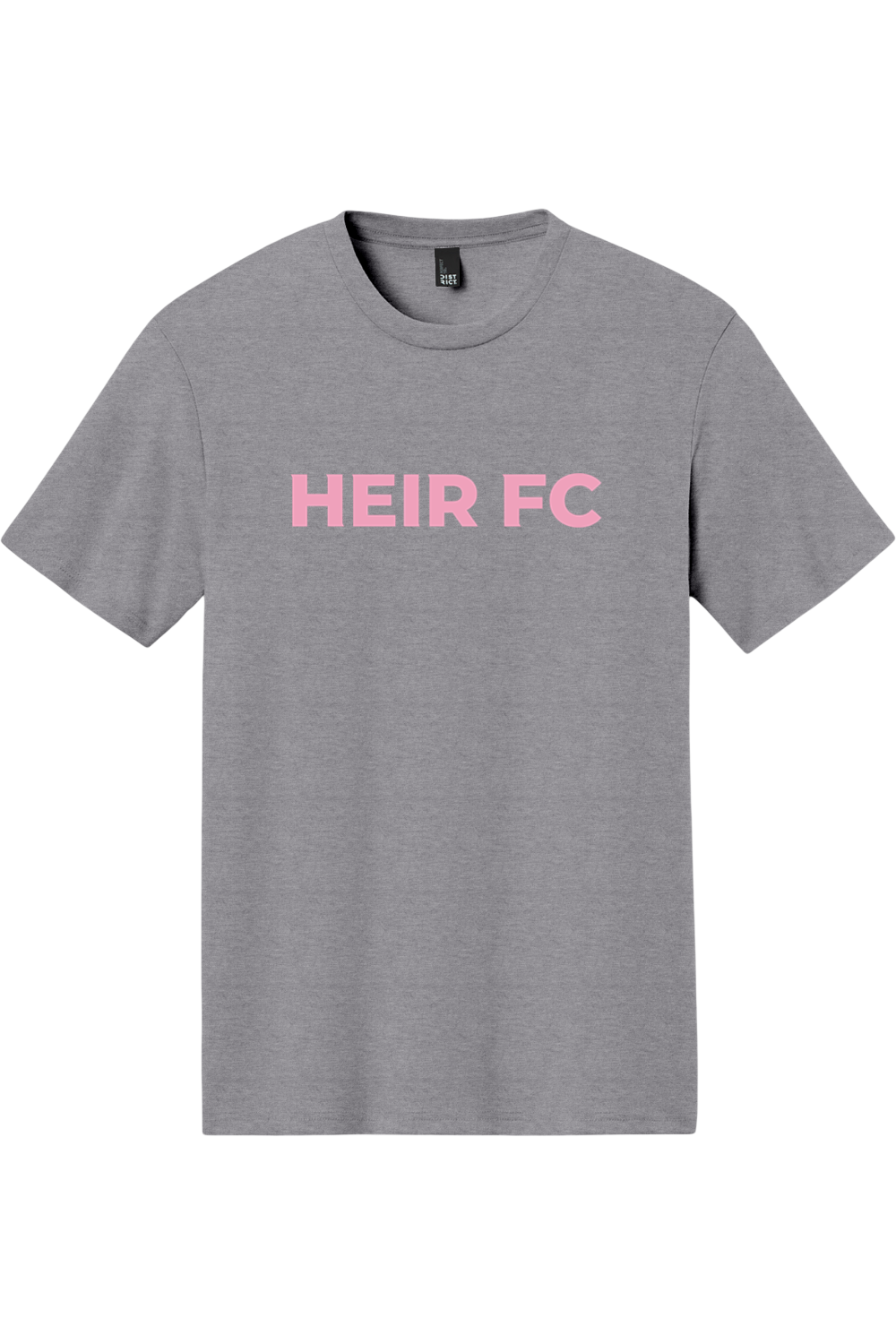 Gray t-shirt with 'HEIR FC' text in pink on a white background