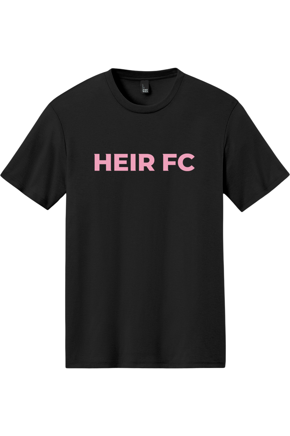 Black t-shirt with 'HEIR FC' text in pink on a white background
