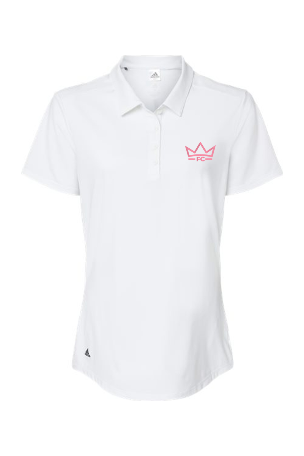 White polo shirt with a pink logo on a white background