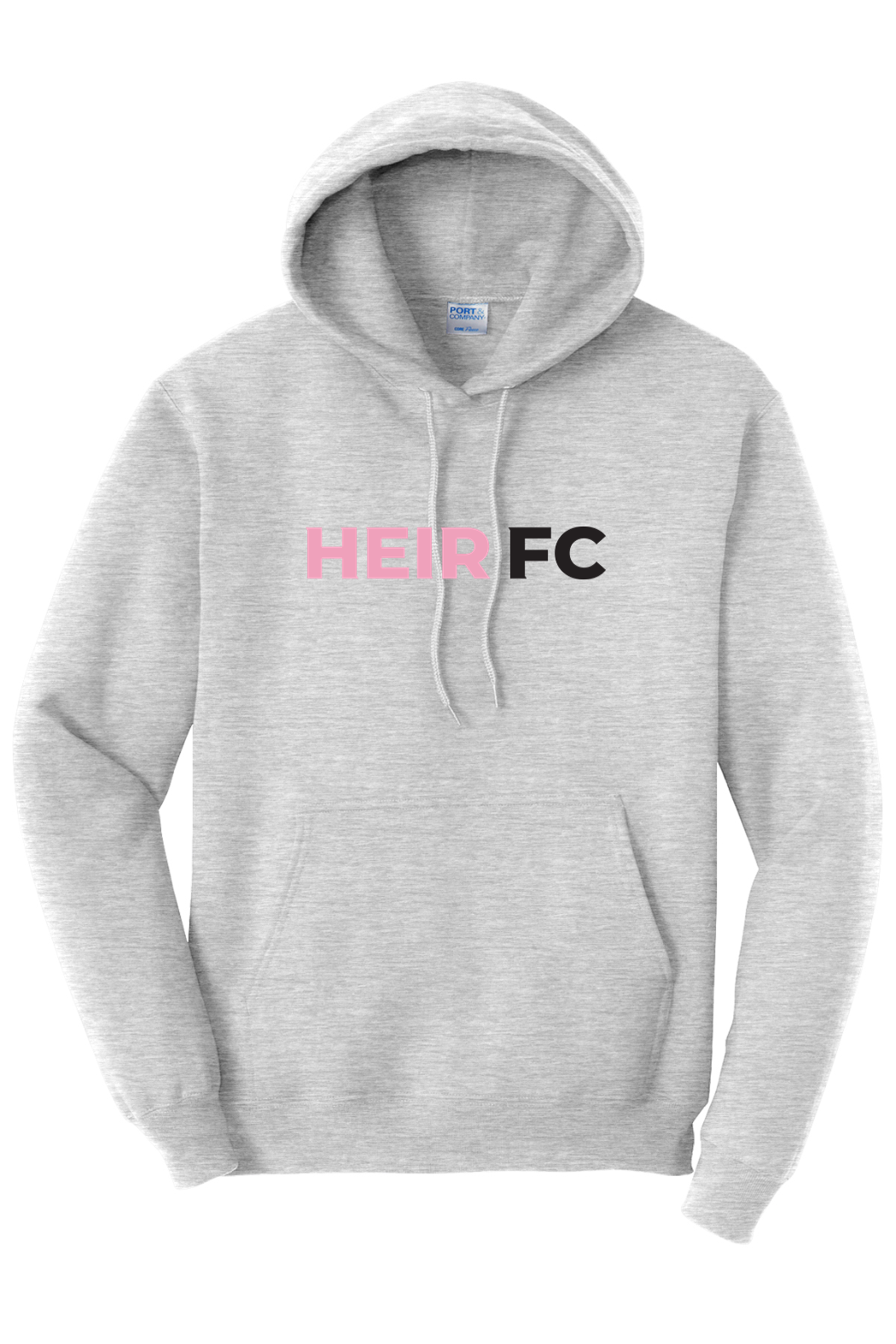 Gray hoodie with 'HEIR FC' text on a white background