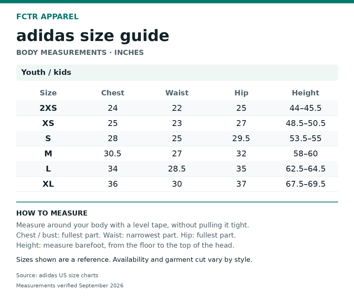 adidas size guide. Body measurements in inches. Youth / kids 2XS to XL.