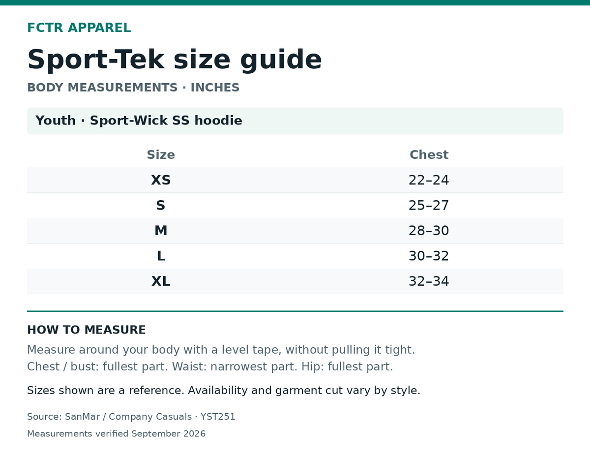 Sport-Tek size guide. Body measurements in inches. Youth · Sport-Wick SS hoodie XS to XL.