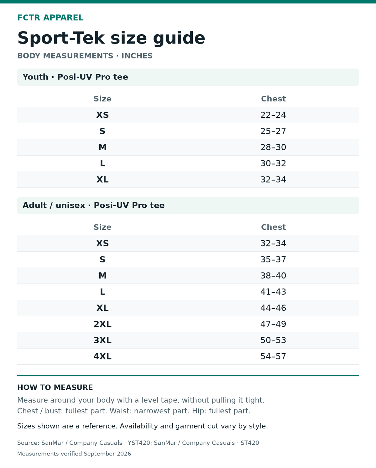 Sport-Tek size guide. Body measurements in inches. Youth · Posi-UV Pro tee XS to XL; Adult / unisex · Posi-UV Pro tee XS to 4XL.