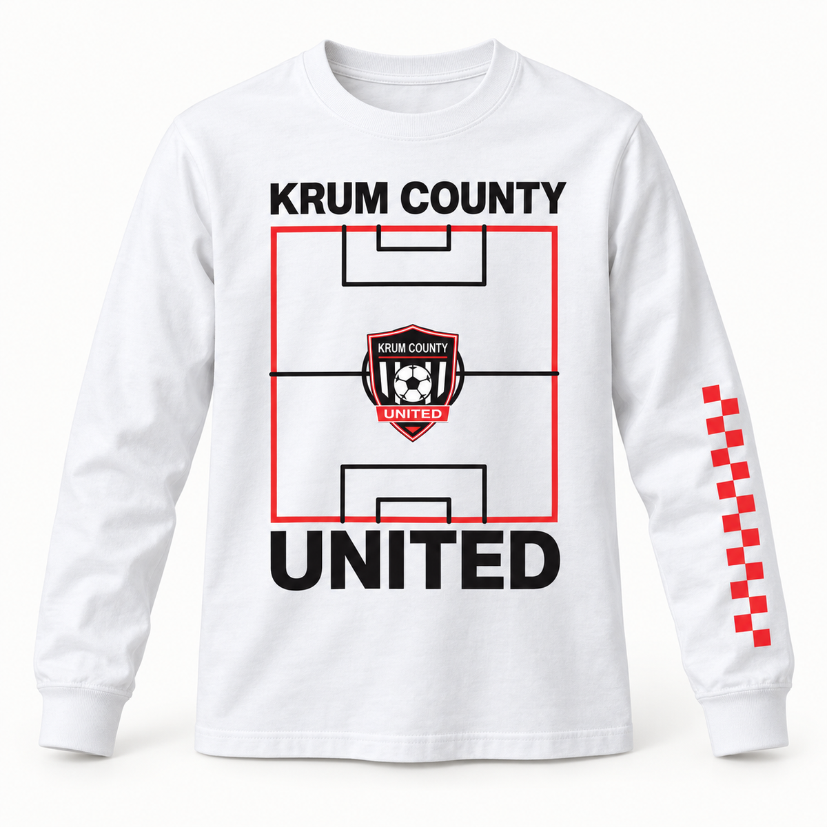 White youth Krum County United long sleeve with a pitch graphic and red checker sleeve detail.
